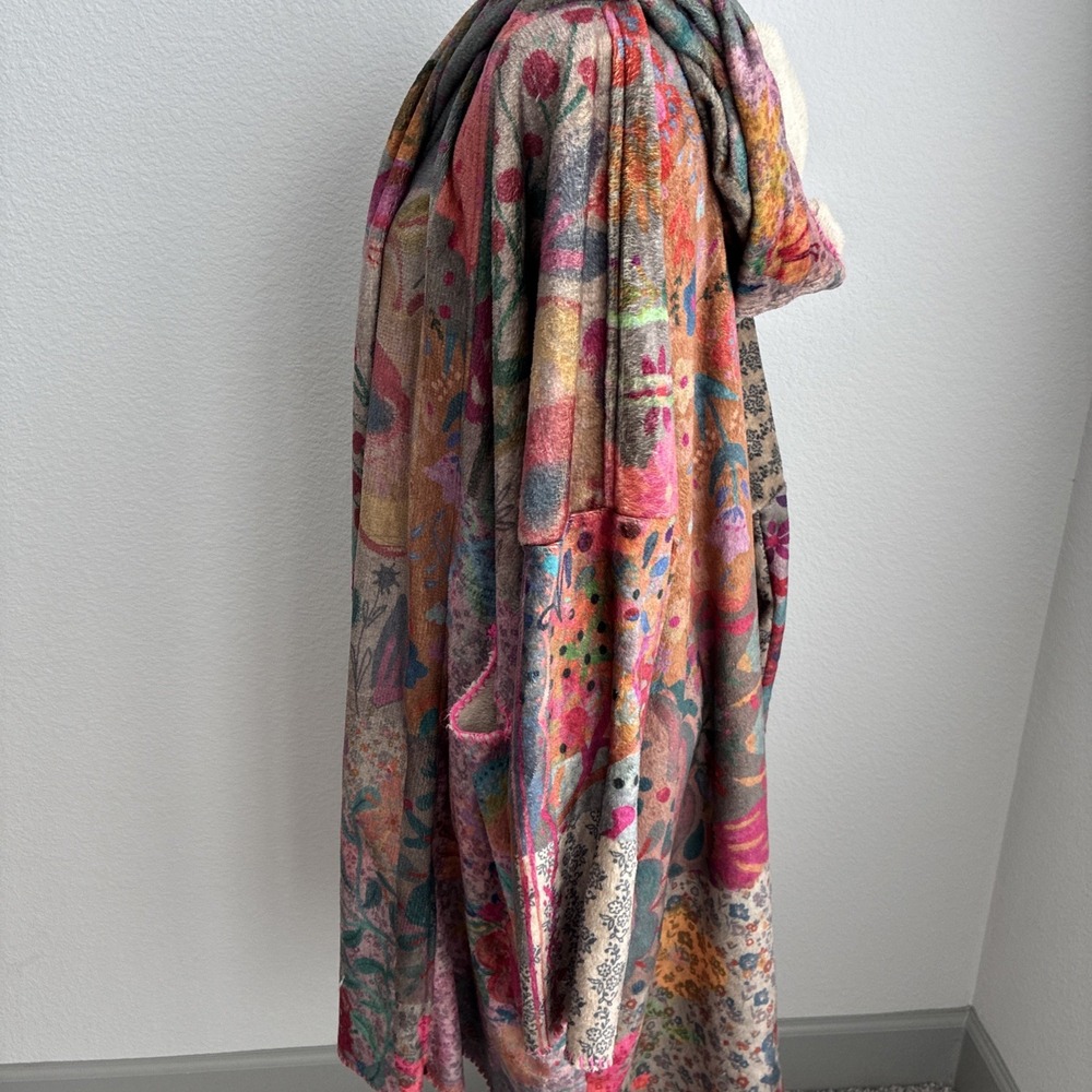 Natural Life Long Cozy Patchwork Blanket Kimono Pink Trim S/M Sherpa Lined Boho - Picture 7 of 16